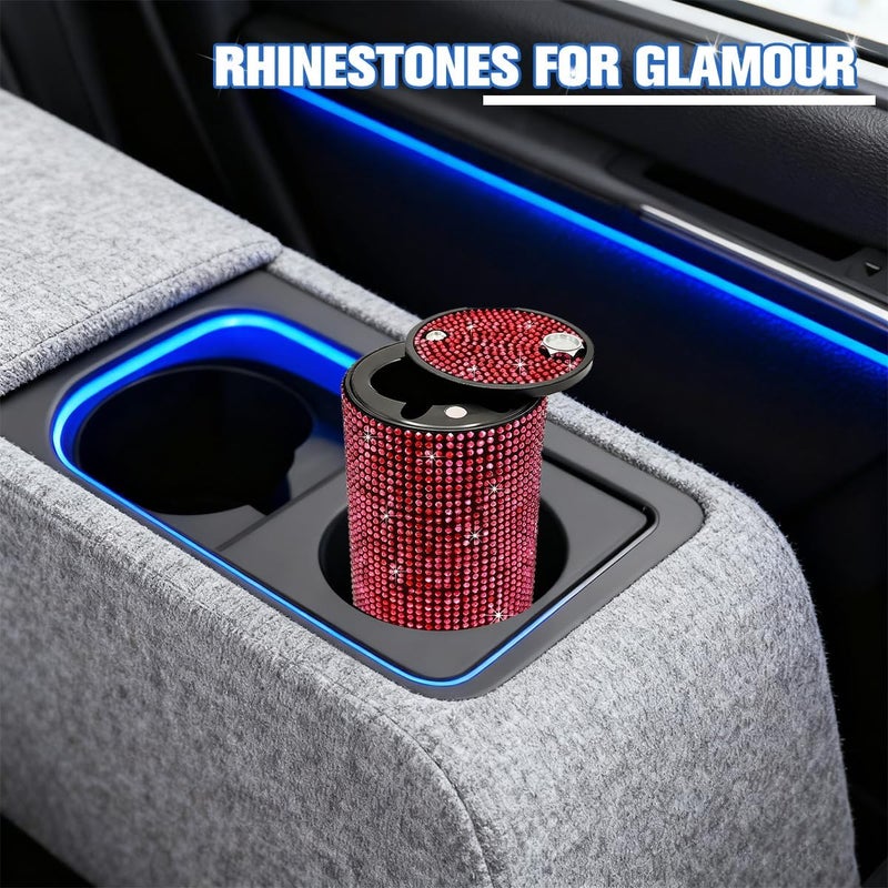 FALVFUN Bling Car Ashtray, Rhinestones Smokeless Smell Proof Vehicle Cup Holder Ash Tray with Lid, Sparkling Diamond Portable Automotive Interior Ashtray, Universal for SUV RV Truck (Red) - Image 5